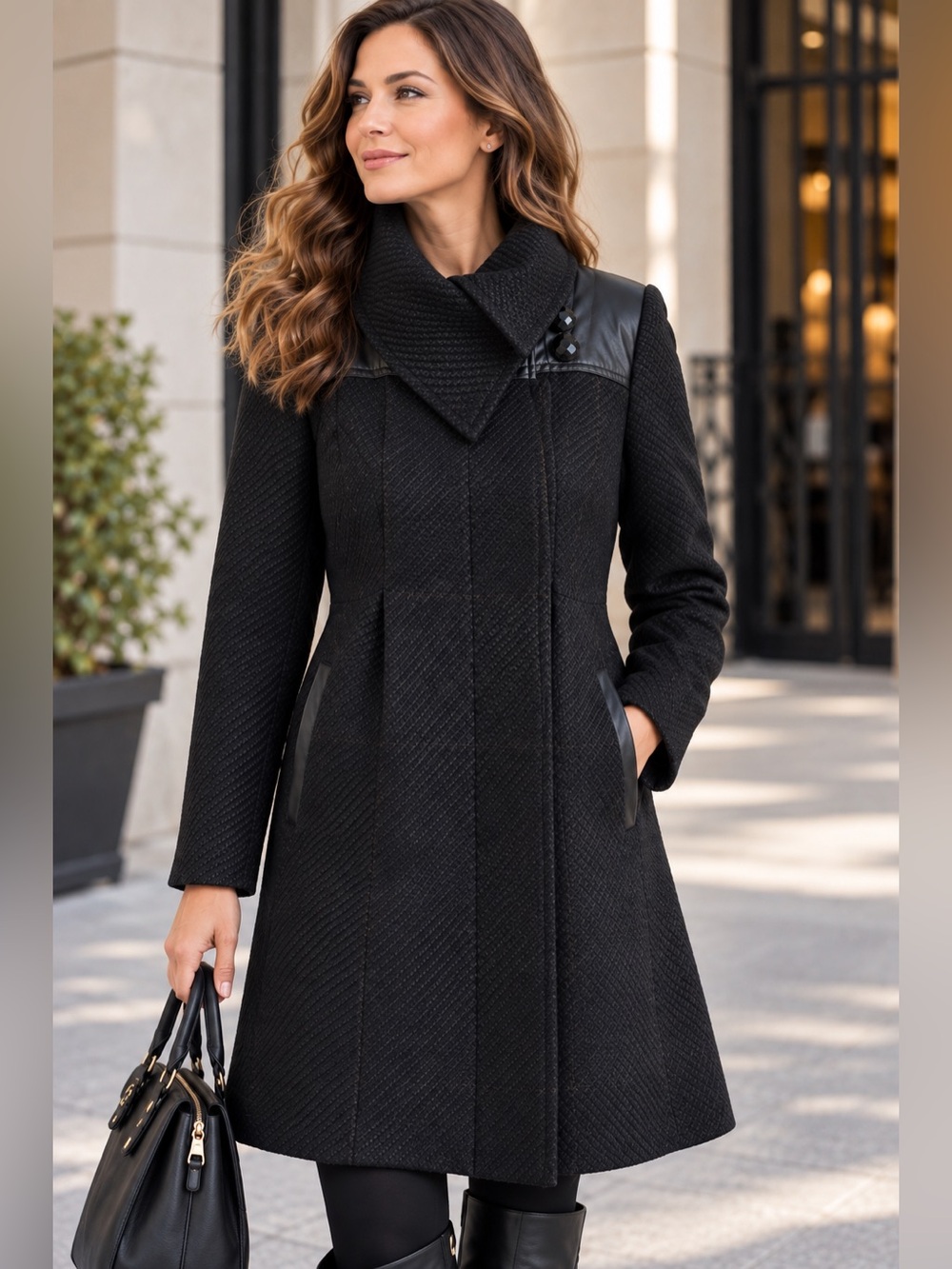 Mackage Black Wool Blend Cowl Neck Leather Trim Coat L